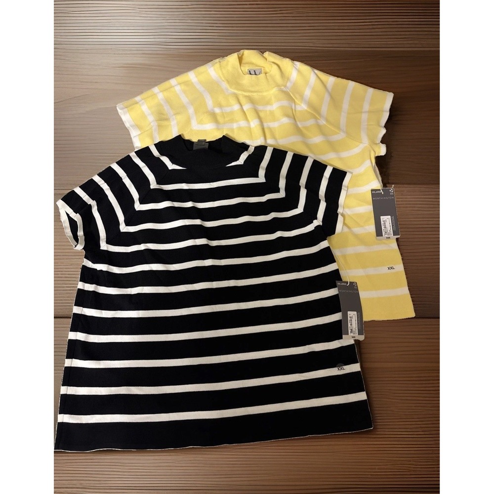 Worthington XXL Navy White & Yellow White Mock Neck Sweater Lot Preppy Academia